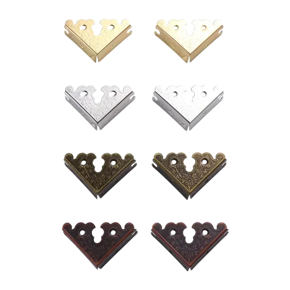 Set of four ornate corner brackets in gold silver antique bronze and dark wood finishes for furniture protector use