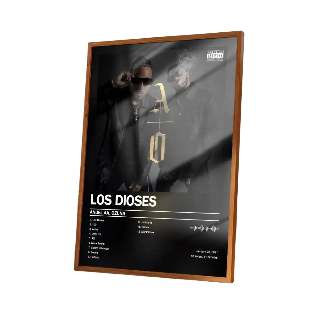 A framed black and white los dioses album cover wall art print with gold lettering for modern style art home decor