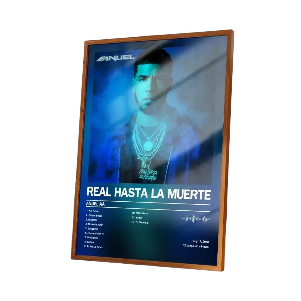 A framed Anuel Aa album cover wall art print in modern style featuring a blue-toned portrait in a light wood frame