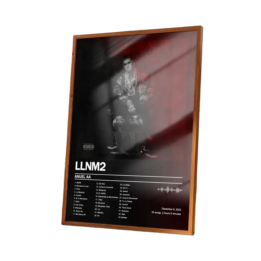 Wood-framed wall art featuring anuel aa llnm2 album cover with black and white portrait on red background for art home use in mainland china