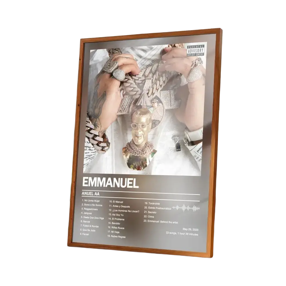 Wood-framed wall art featuring black and white emmanuel album cover by anuel aa with gold-trimmed text for art home in mainland china