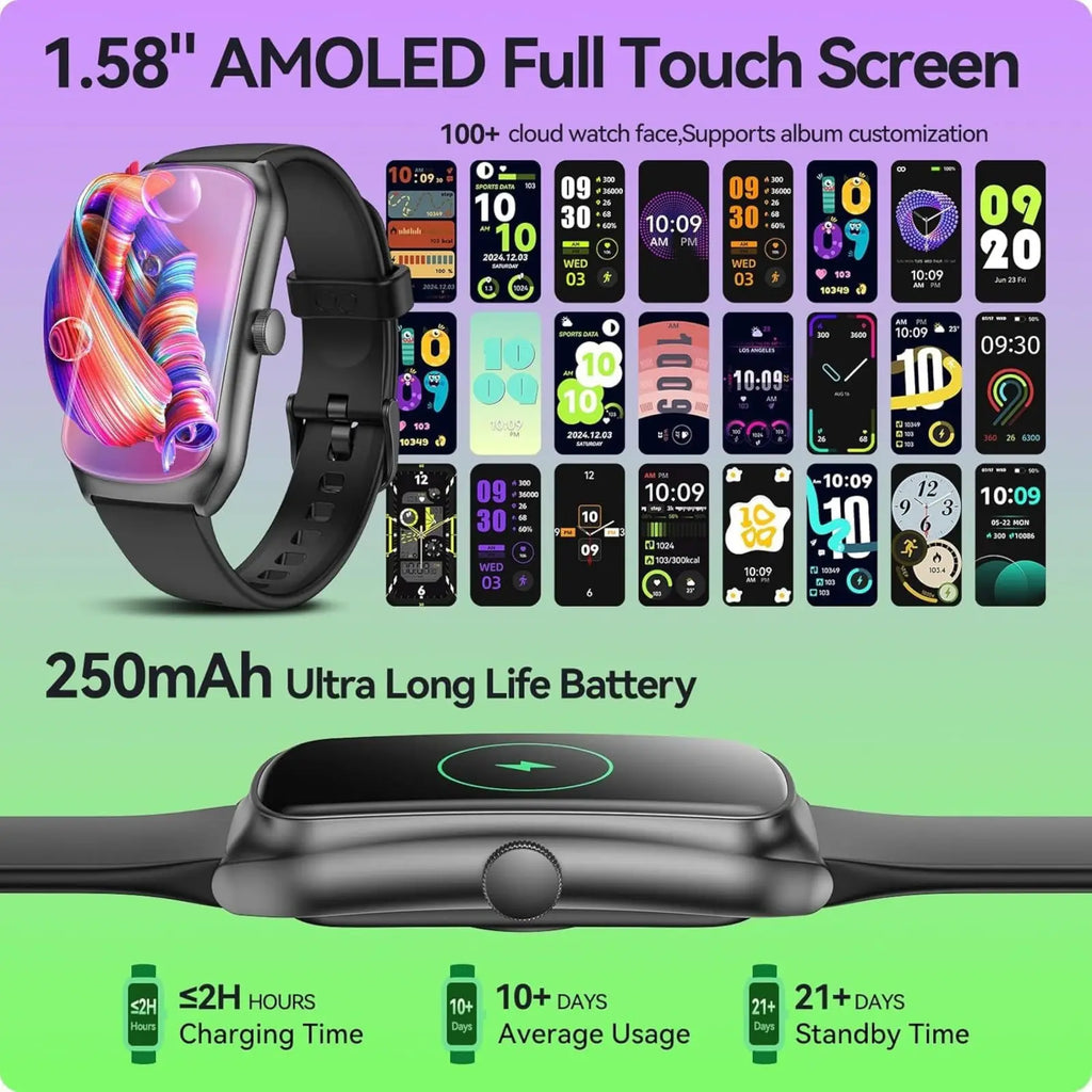 Black Anyloop amoled fitness smartwatch with 1.58-inch full touch screen and multiple customizable watch faces