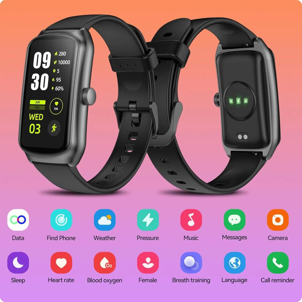 Black Anyloop Amoled fitness smartwatch with heart rate and Spo2 monitoring featuring a sleek matte finish design