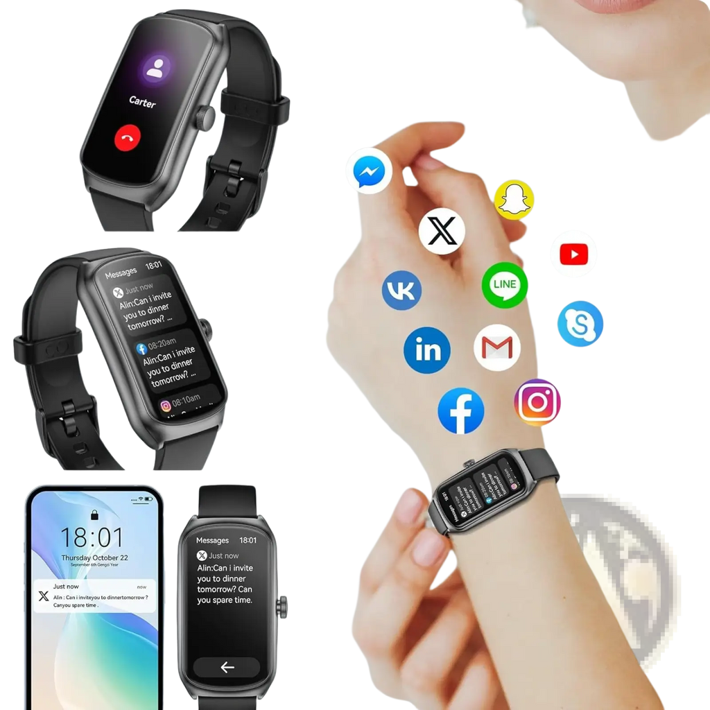 Black rectangular Anyloop Amoled fitness smartwatch with sleek metallic bezel and strap featuring heart rate and spo2 monitoring