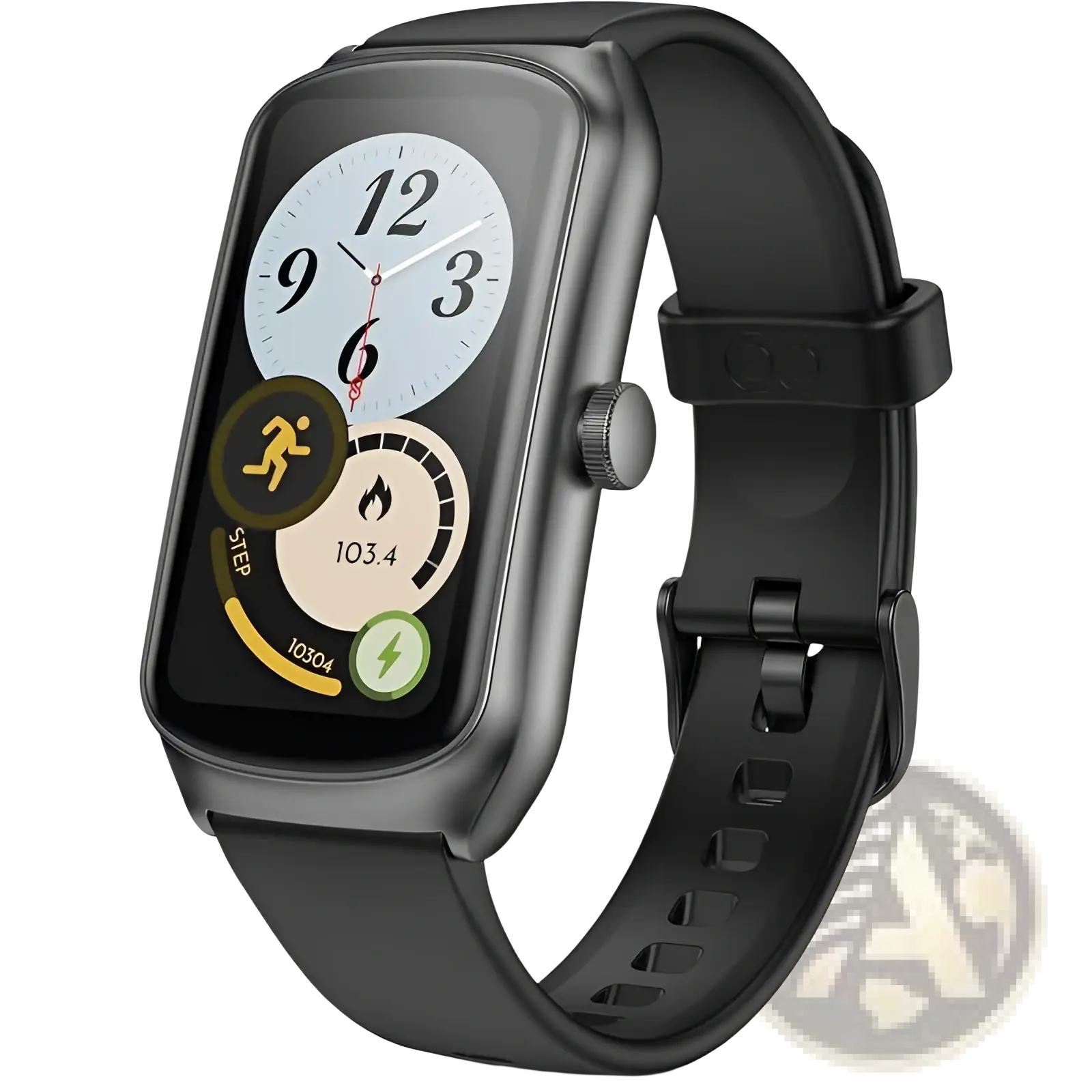 Black rectangular Anyloop Amoled fitness smartwatch with matte finish digital display showing heart rate and Spo2 metrics