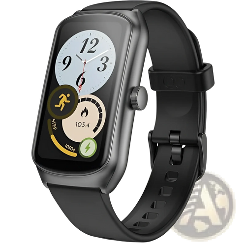 Black rectangular Anyloop Amoled fitness smartwatch with matte finish digital display showing heart rate and Spo2 metrics