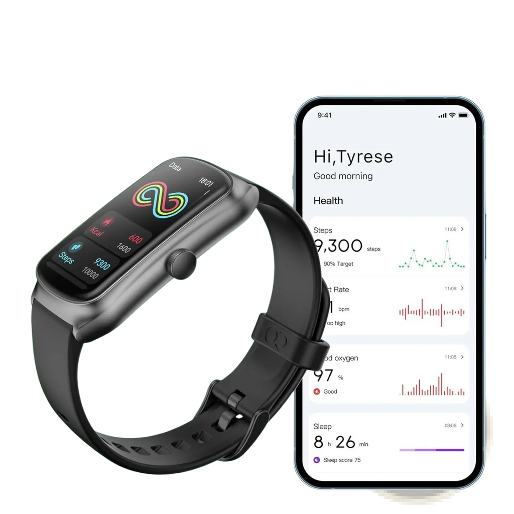Black anyloop amoled fitness smartwatch with rectangular touchscreen and silicone strap featuring heart rate and spo2 monitoring