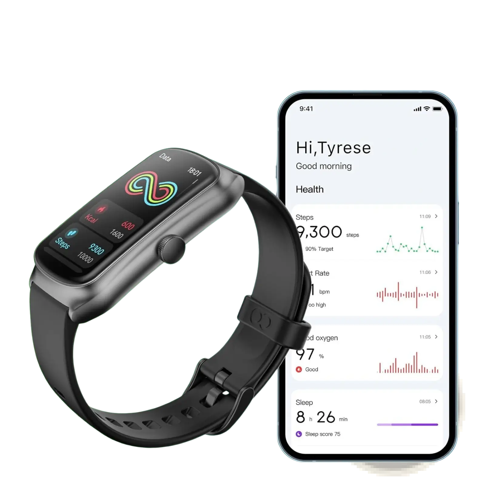 Black anyloop amoled fitness smartwatch with rectangular touchscreen and silicone strap featuring heart rate and spo2 monitoring