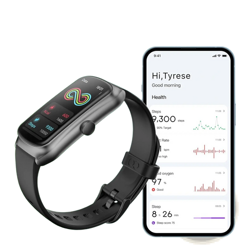 Black anyloop amoled fitness smartwatch with rectangular touchscreen and silicone strap featuring heart rate and spo2 monitoring