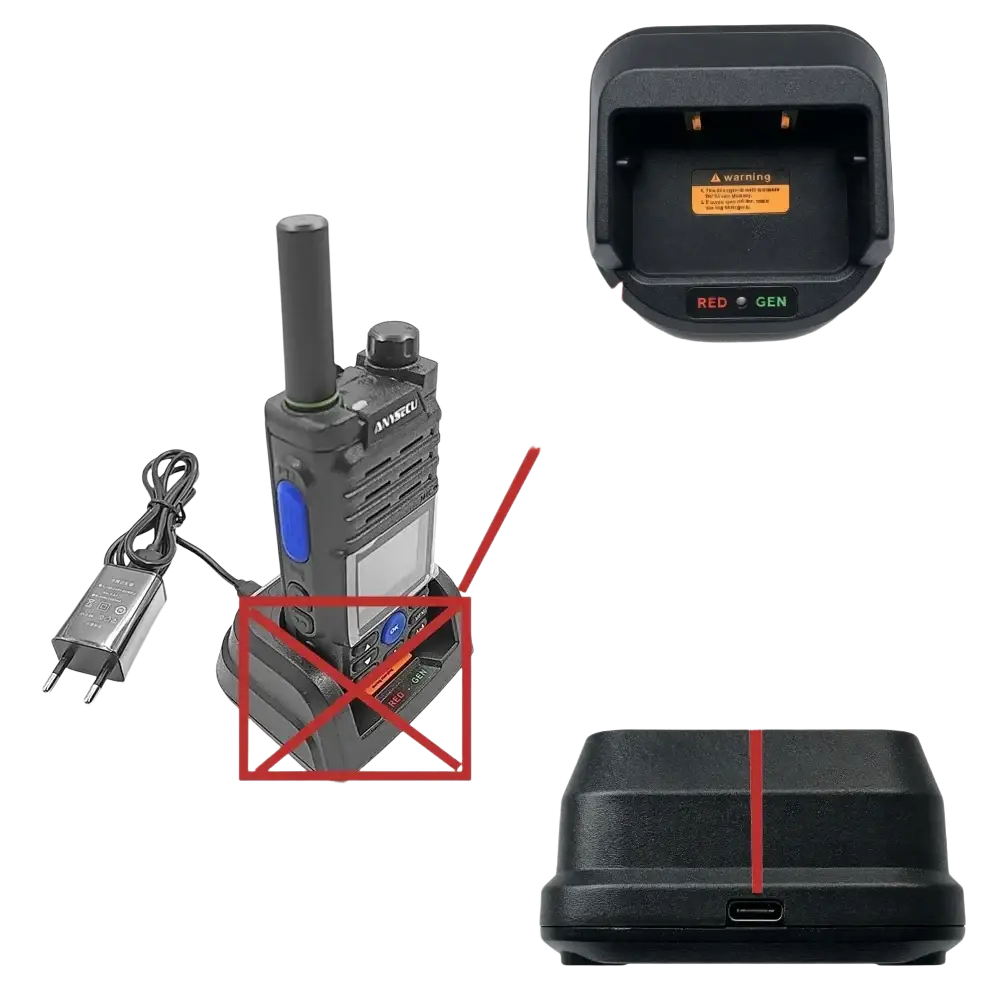 Black anwezu two-way radio with blue accent buttons and vertical antenna in anysecu t56 charger desktop type-c base