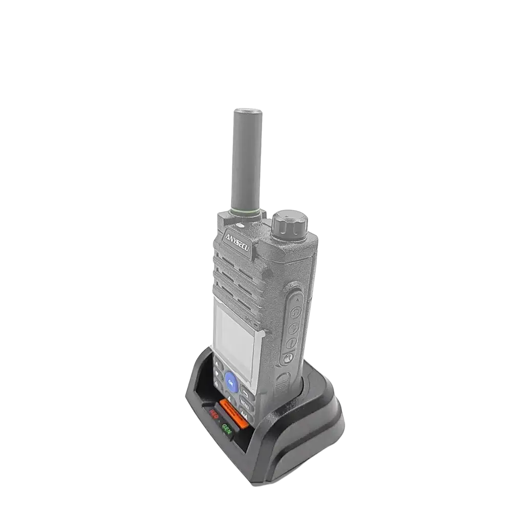 Gray anysecu t56 walkie-talkie with textured body and antenna resting in charger desktop type-c base for anysecu t56 ruyage