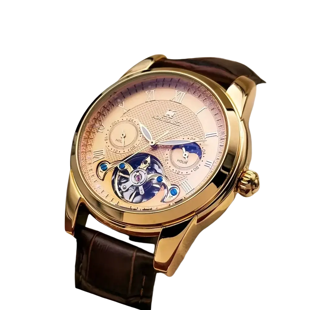 Aokulasic automatic mechanical men’s watch with gold-tone case, rose gold dial, brown leather strap, and blue-tinted movement