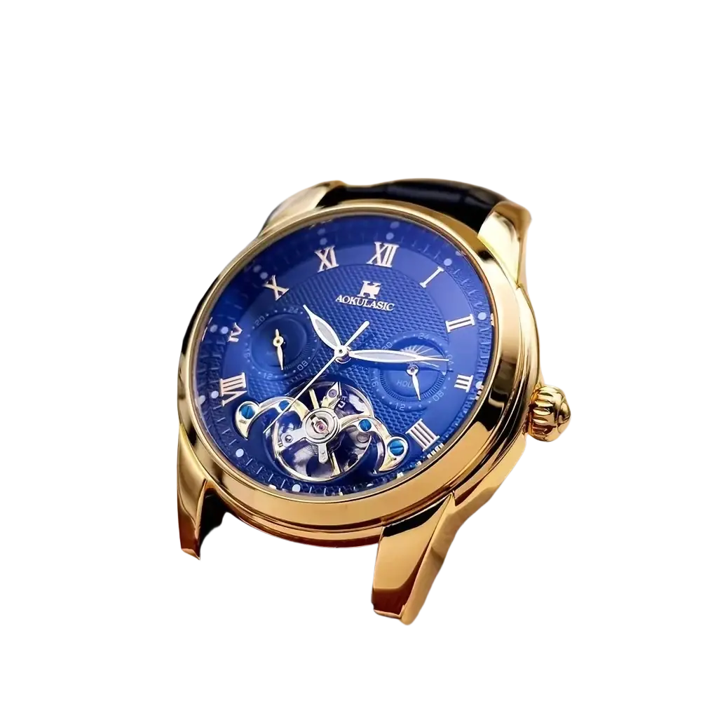 Aokulasic automatic mechanical men’s watch with gold tone, vibrant blue dial, roman numerals, and turquoise accents
