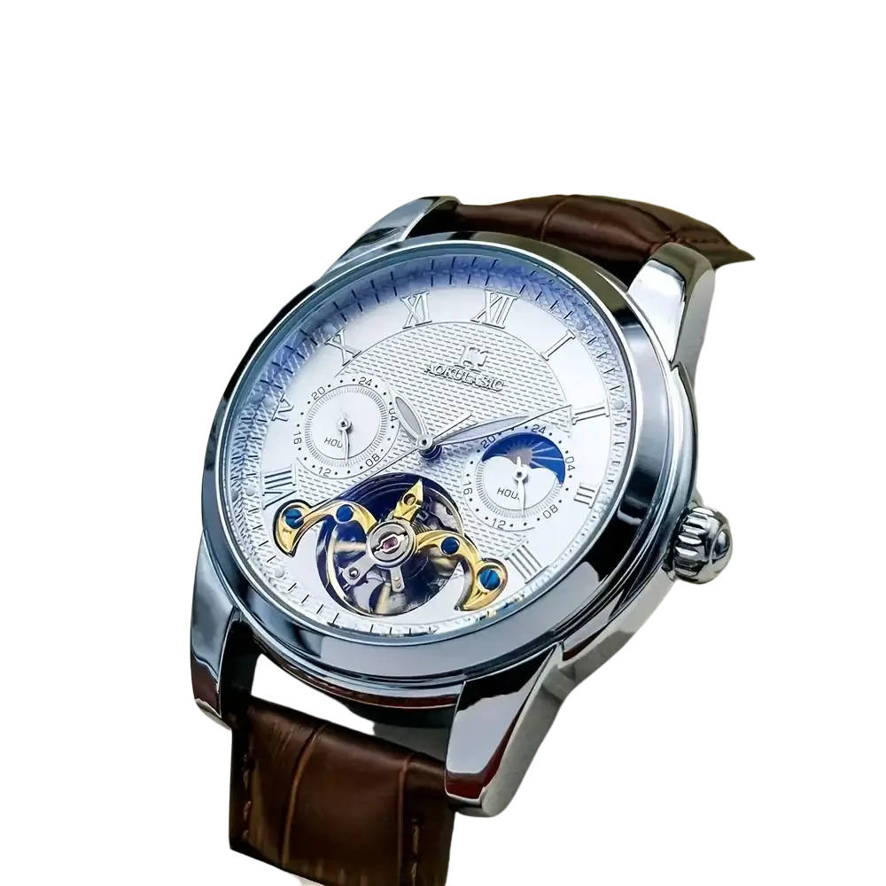 Aokulasic automatic mechanical men’s watch with silver-toned case, white dial, roman numerals, open face, and brown leather strap