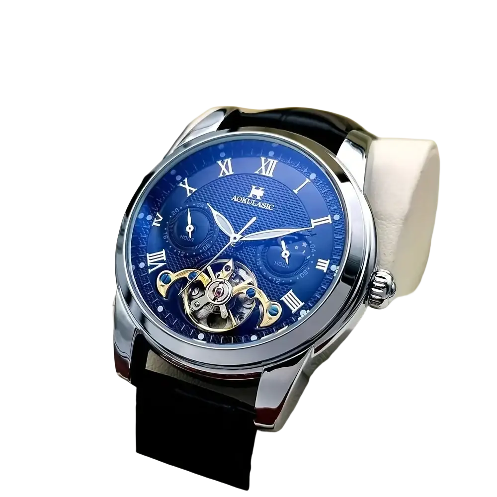 Aokulasic automatic mechanical men’s watch with silver tone case blue dial roman numerals and exposed gold-accented movement