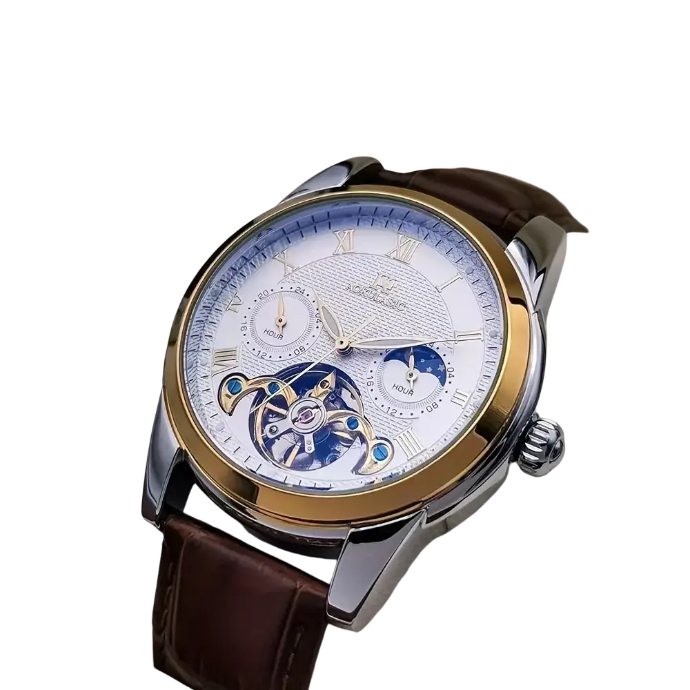 Aokulasic automatic mechanical men’s watch with two-tone silver and gold case white dial and brown leather strap