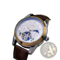 Aokulasic automatic mechanical men’s watch with two-tone silver and gold case white dial and brown leather strap