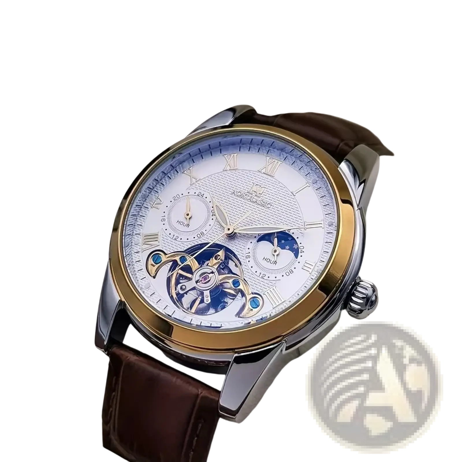 Aokulasic automatic mechanical men’s watch with two-tone silver and gold case white dial and brown leather strap