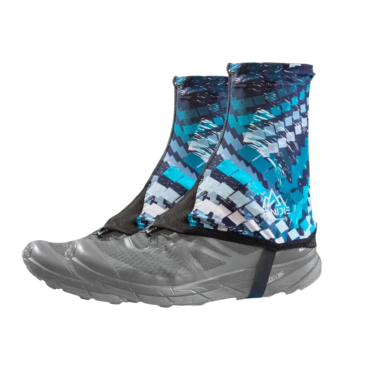 Aonijie running gaiters blue and white pixelated sandproof shoe covers with black elastic straps for outdoor use
