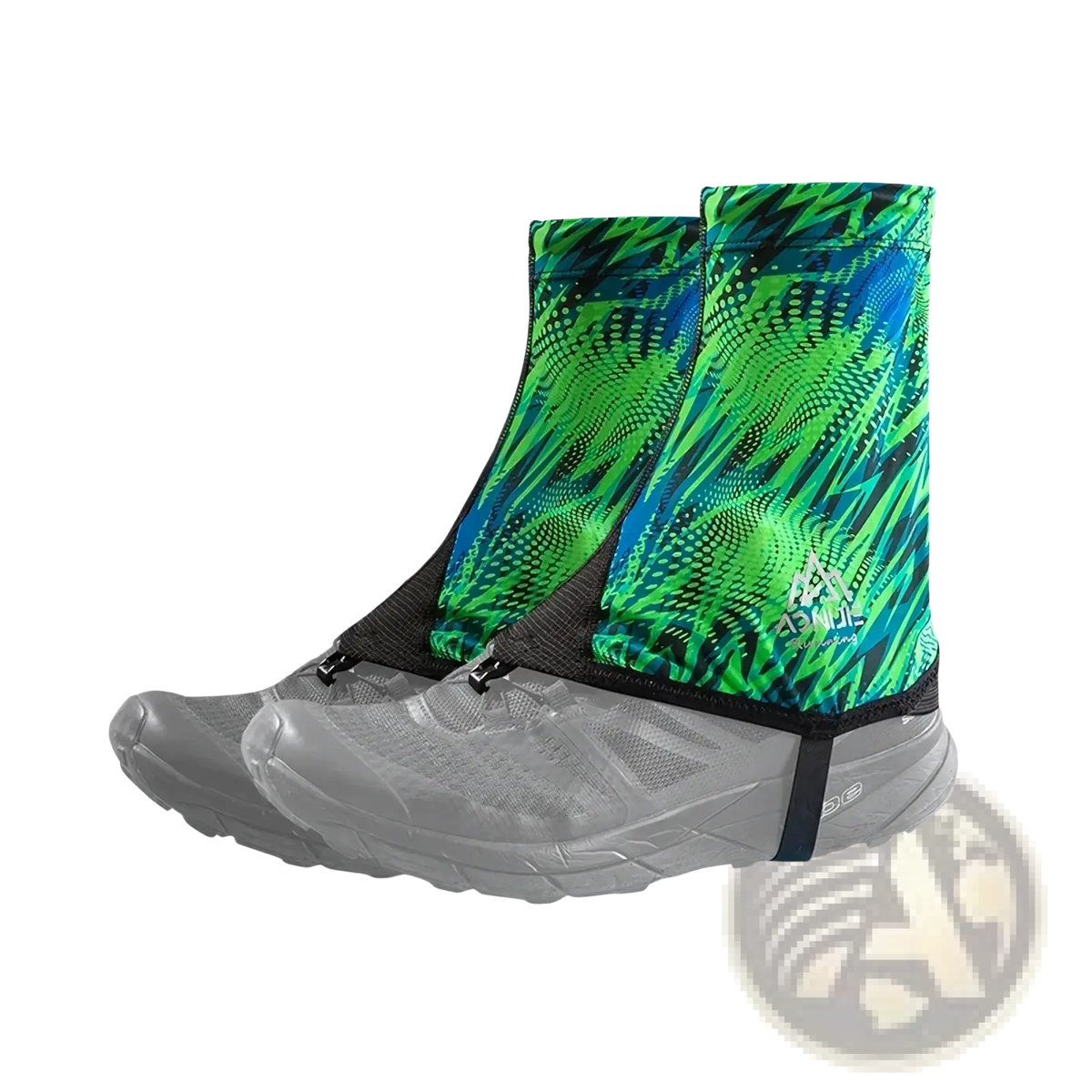 Aonijie running gaiters sandproof shoe covers with vibrant green and blue patterns and black straps for outdoor use