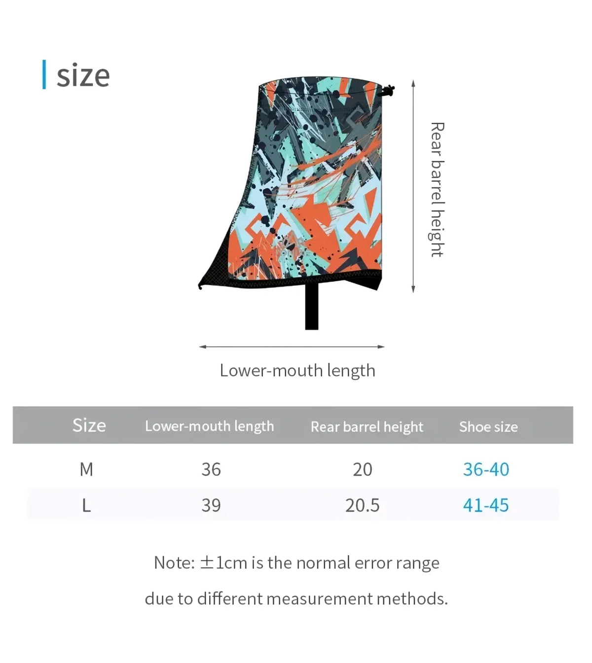 Aonijie running gaiters sandproof shoe covers with vibrant teal orange and black abstract pattern and flared design