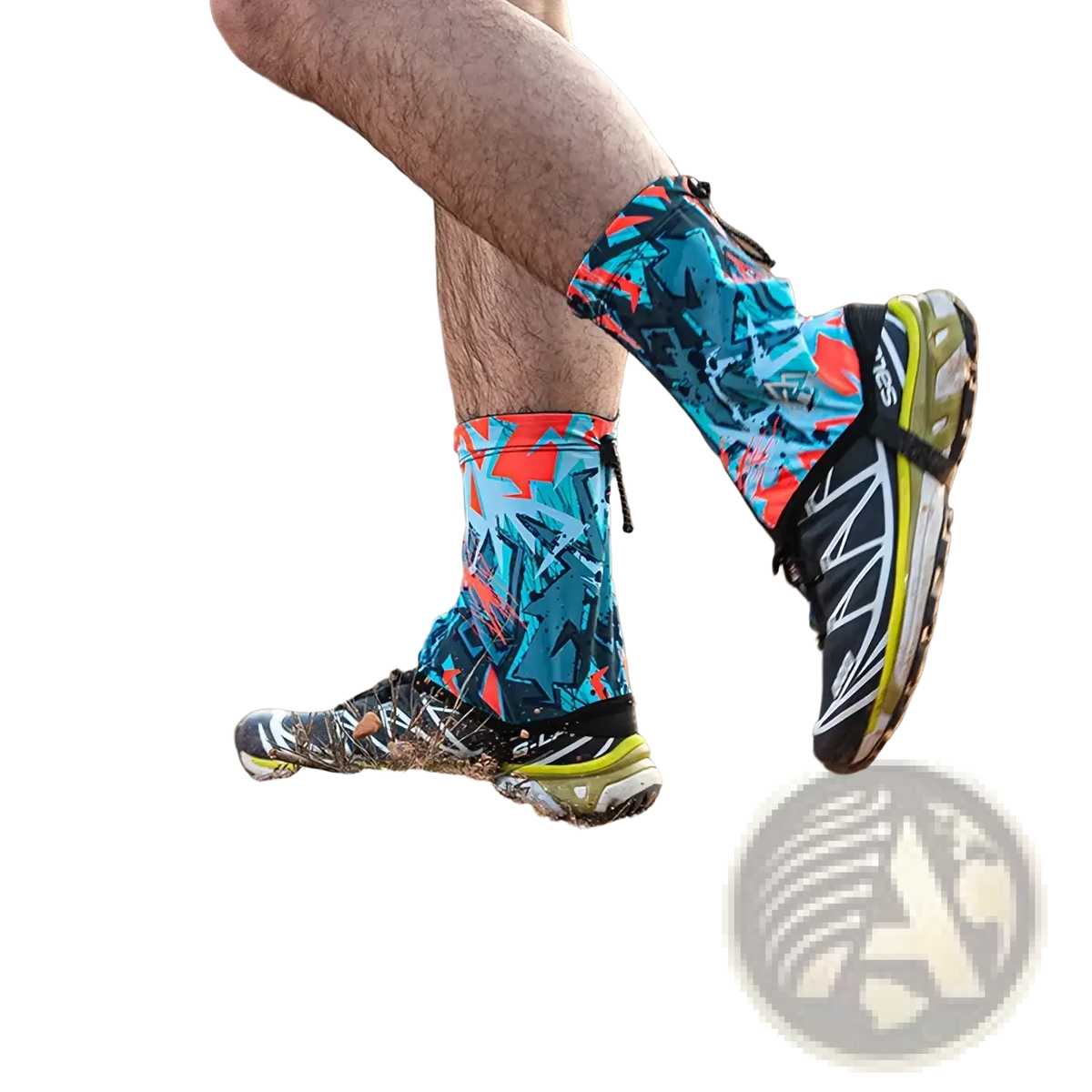 Aonijie running gaiters in vibrant blue and orange geometric pattern with black zipper for sandproof outdoor use
