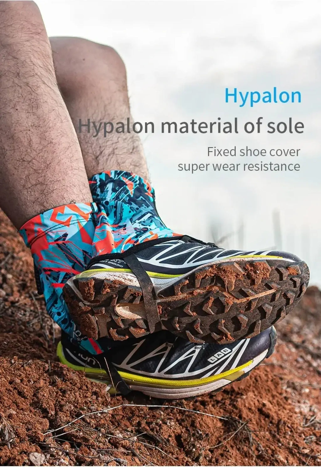 Aonijie running gaiters sandproof shoe covers in vibrant blue red and black hypalon with rugged tread design