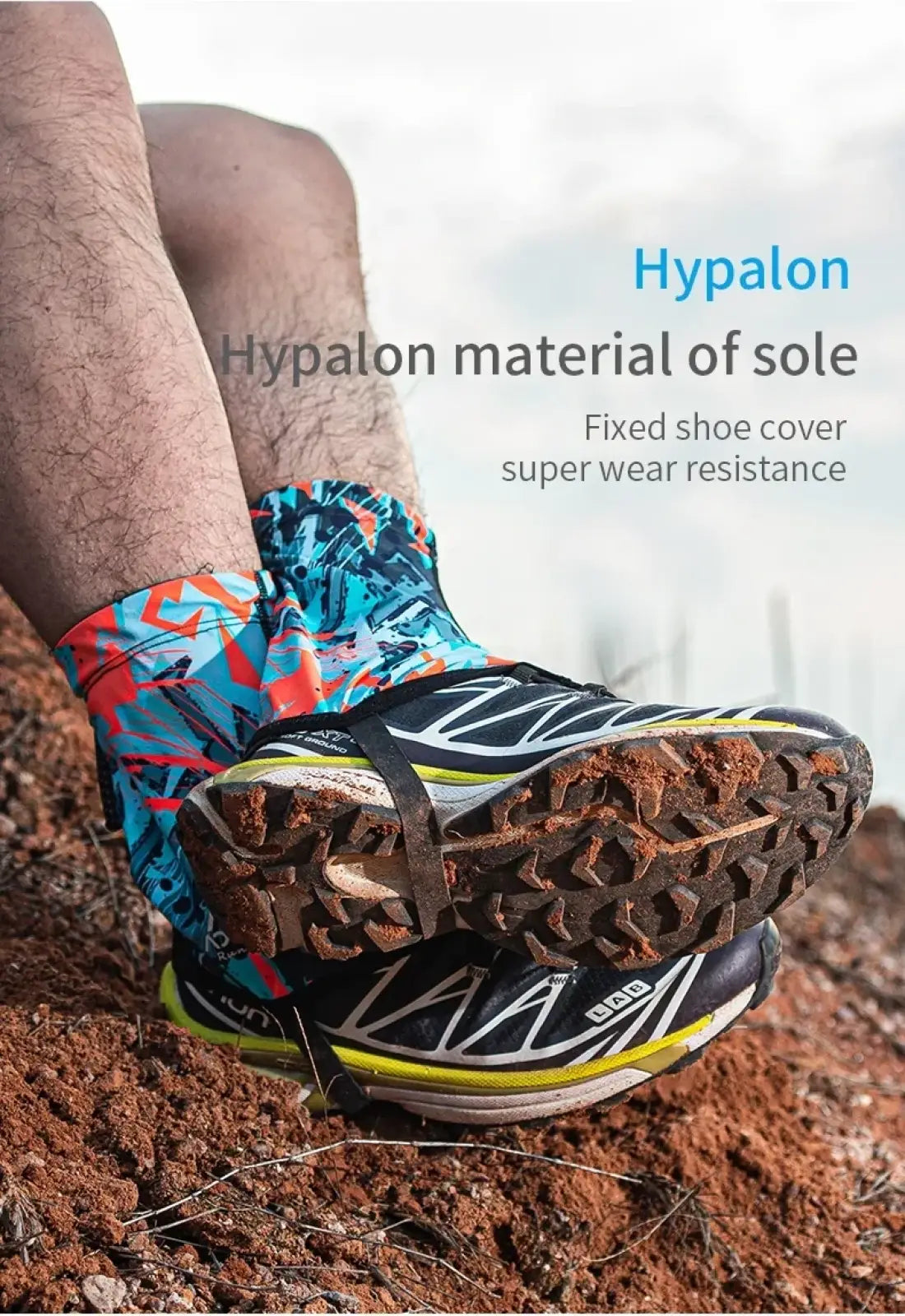 Aonijie running gaiters sandproof shoe covers in vibrant blue red and black hypalon with rugged tread design