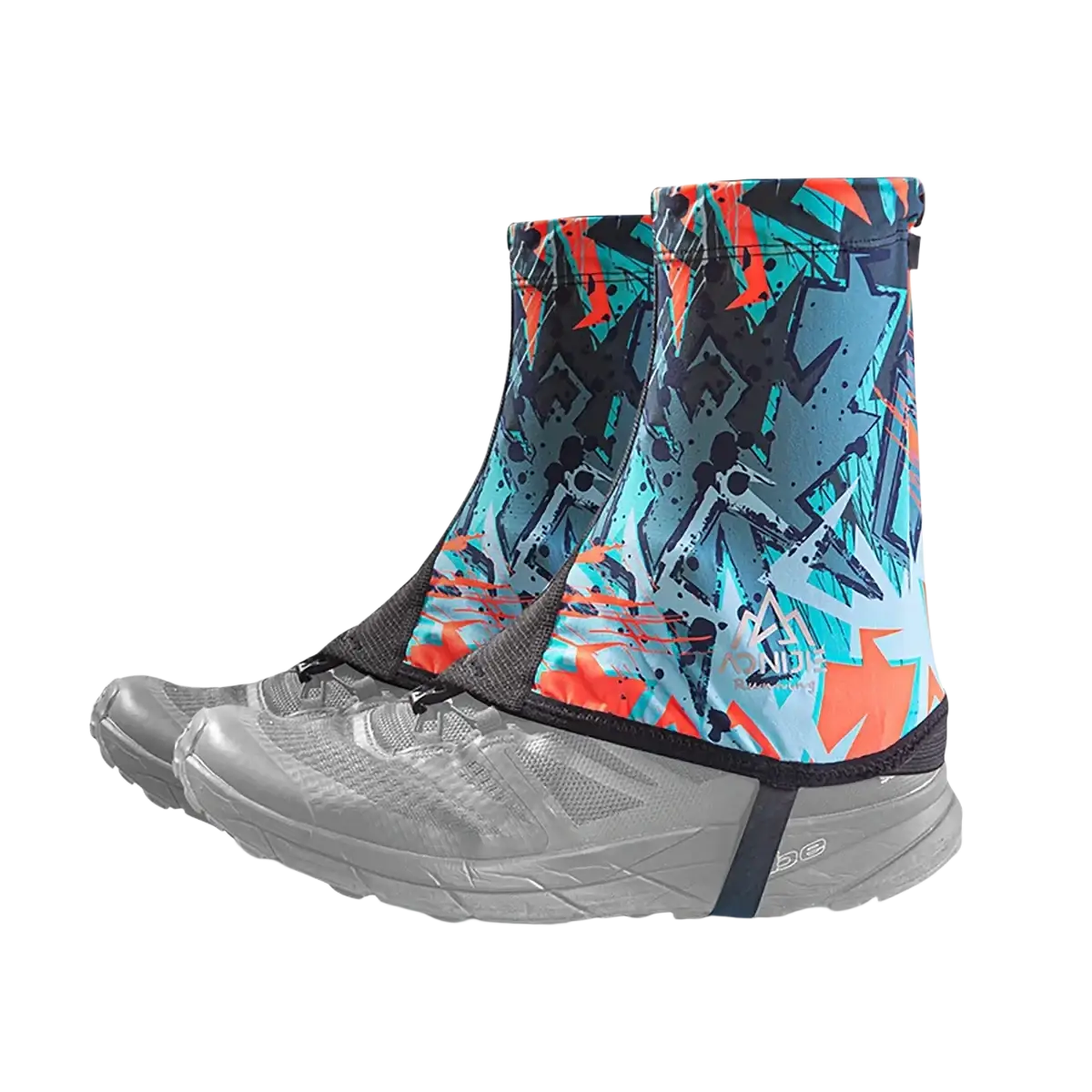 Vibrant graffiti-style patterned aonijie running gaiter in teal orange and black designed as sandproof shoe cover