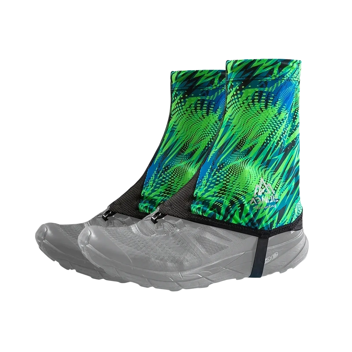 Aonijie running gaiters sandproof shoe covers with vibrant green and blue patterns and black straps for outdoor use