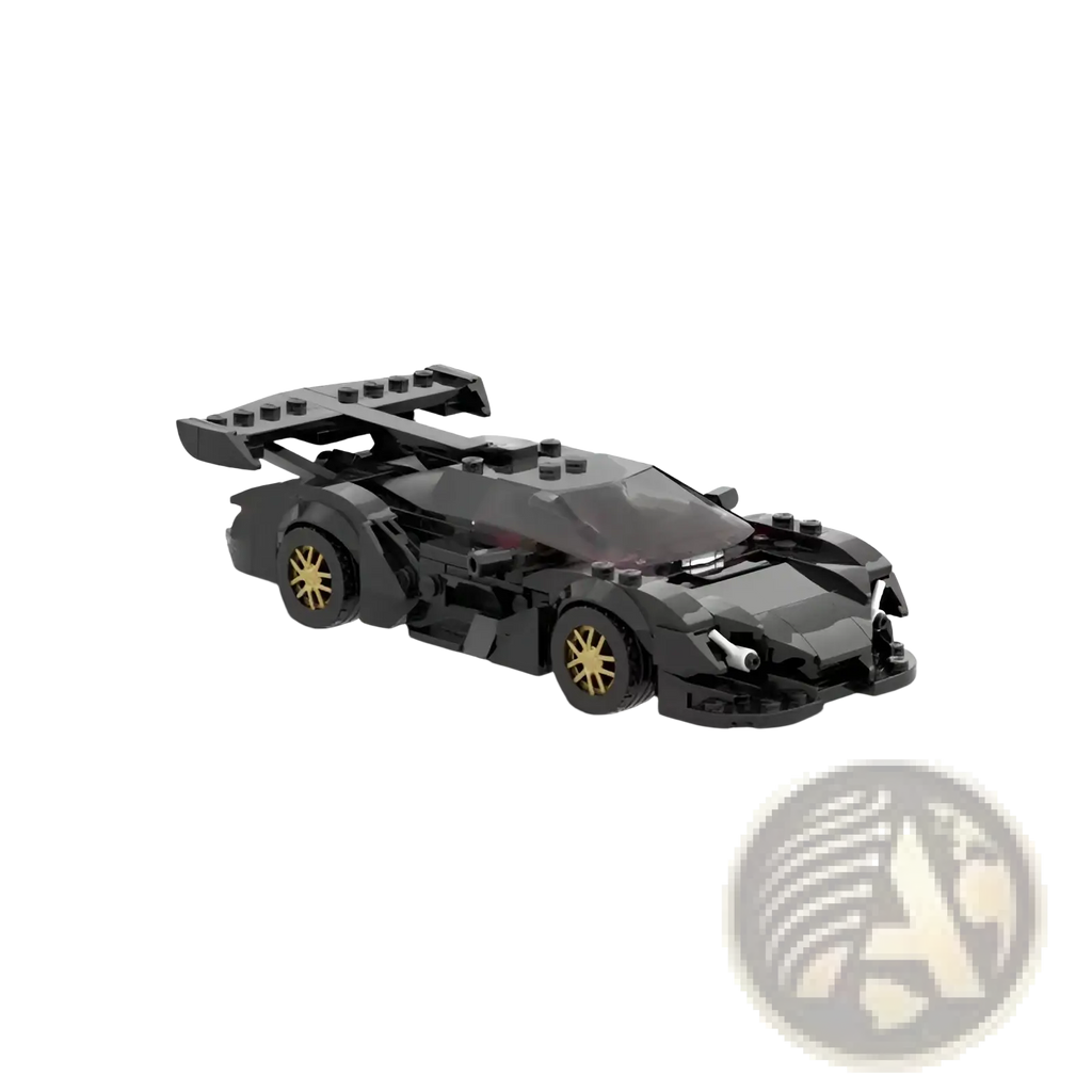 Black Apollo Car building block race car with gold rims and prominent rear spoiler shown from the back side
