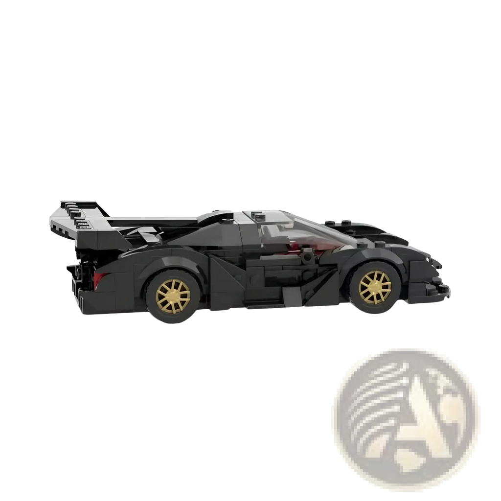 Black lego race car with gold rims featuring a sleek aerodynamic design from the Apollo car building block toy series