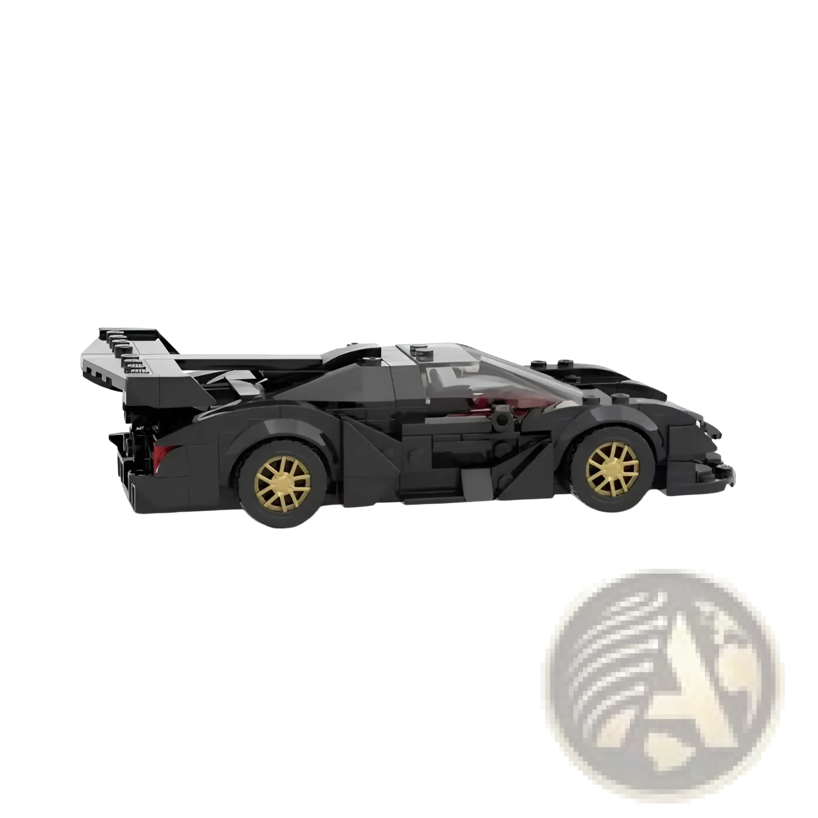 Black lego race car with gold rims featuring a sleek aerodynamic design from the Apollo car building block toy series
