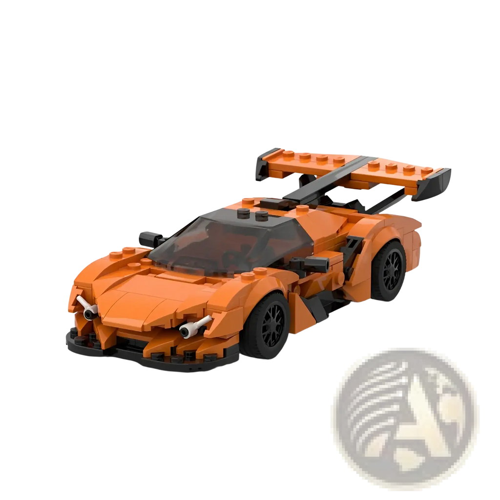 Back view of an orange and black Lego Technic Apollo car building block toy with a prominent rear wing and gold rims