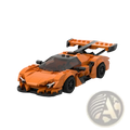 Back view of an orange and black Lego Technic Apollo car building block toy with a prominent rear wing and gold rims