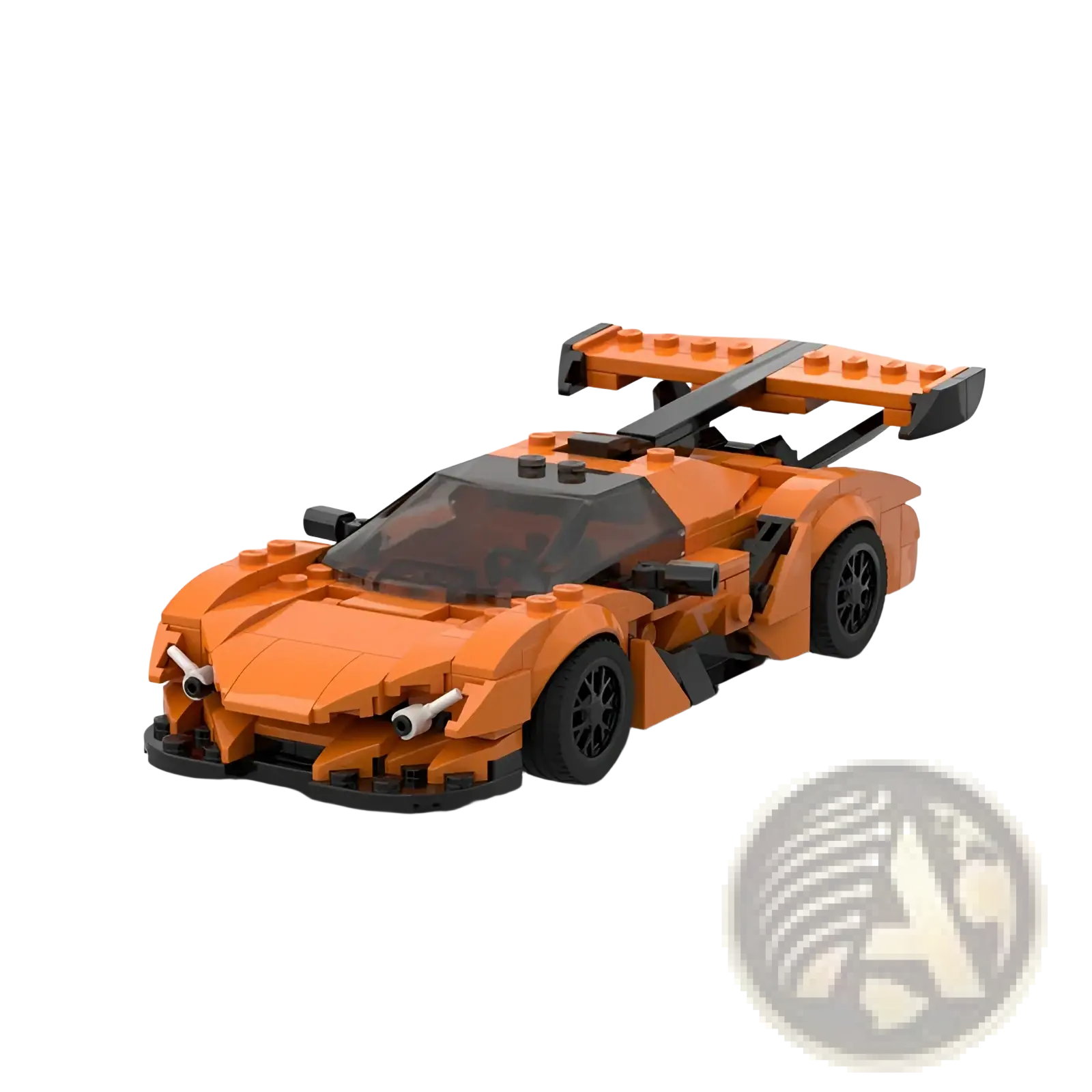 Back view of an orange and black Lego Technic Apollo car building block toy with a prominent rear wing and gold rims
