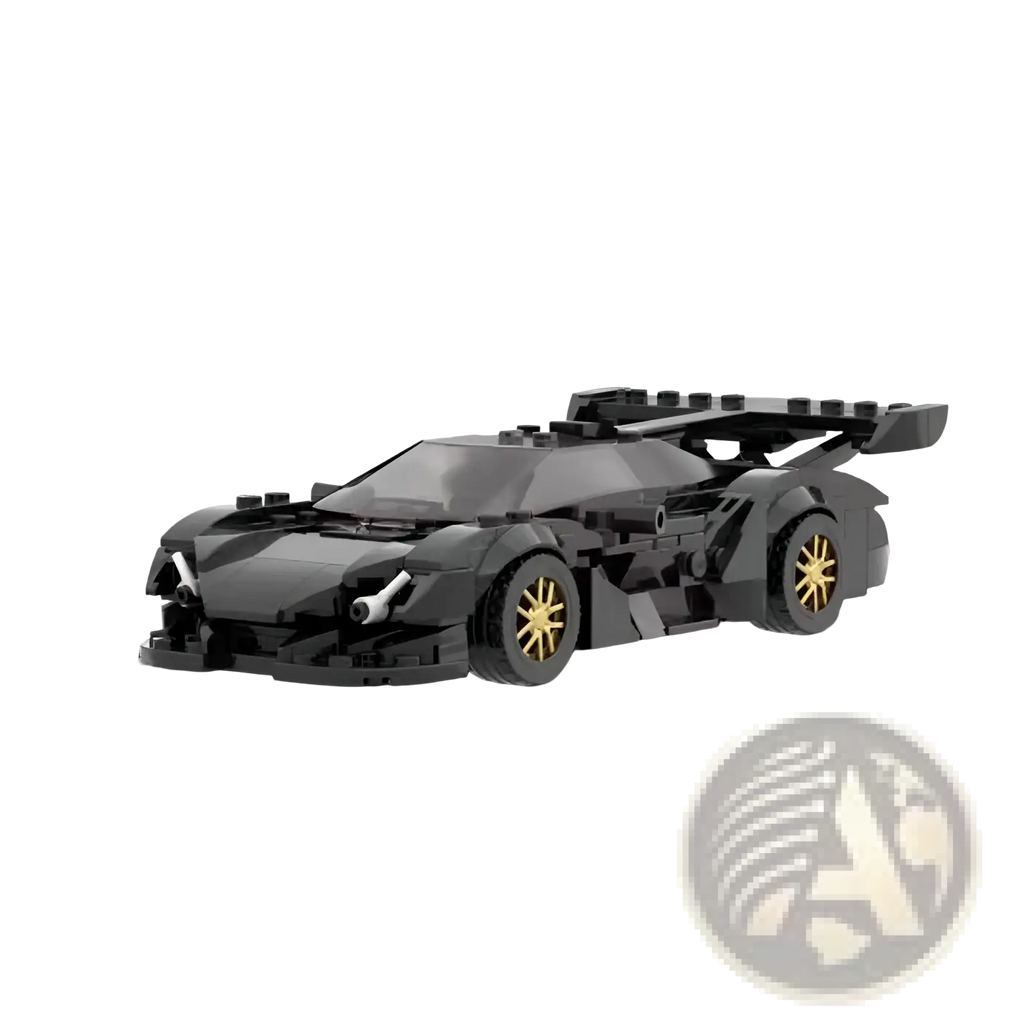 Black lego technic apollo sports car with gold-rimmed wheels and prominent rear spoiler shown from the back side