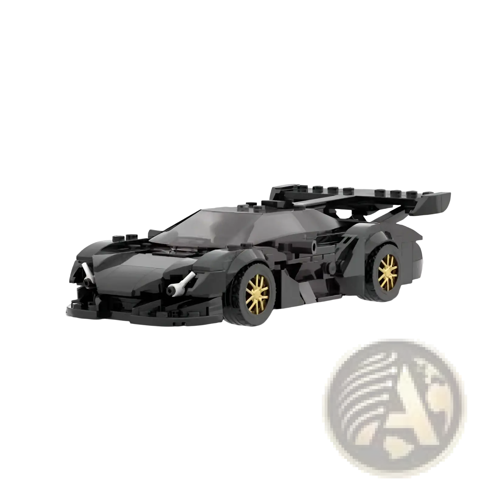 Black lego technic apollo sports car with gold-rimmed wheels and prominent rear spoiler shown from the back side
