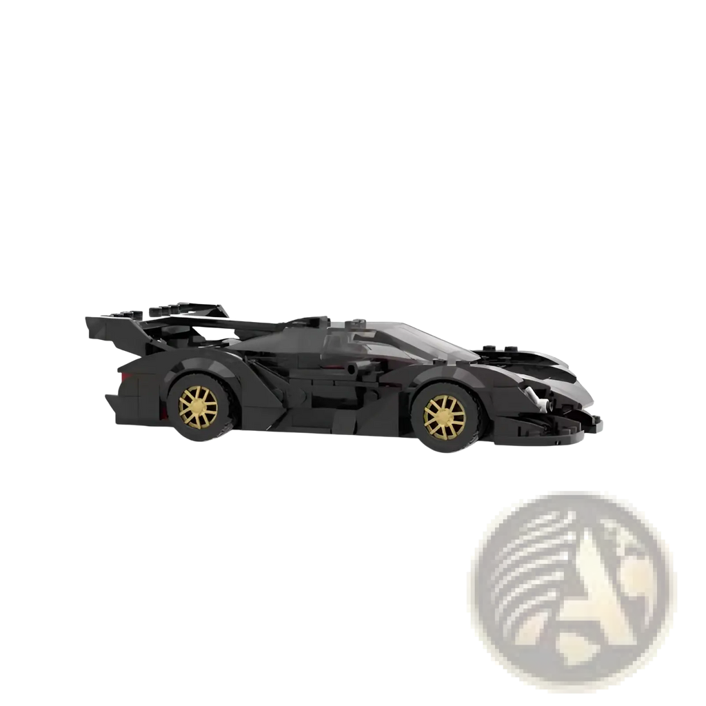 Black Apollo car building block toy modeled as a high-performance sports car with gold rims and aerodynamic details