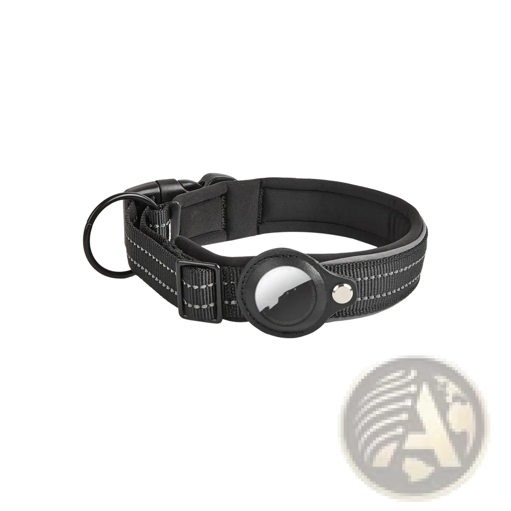 Black leather dog collar with reflective stripes and circular apple airtag tracker holder for secure pet tracking