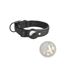 Black leather dog collar with reflective stripes and circular apple airtag tracker holder for secure pet tracking
