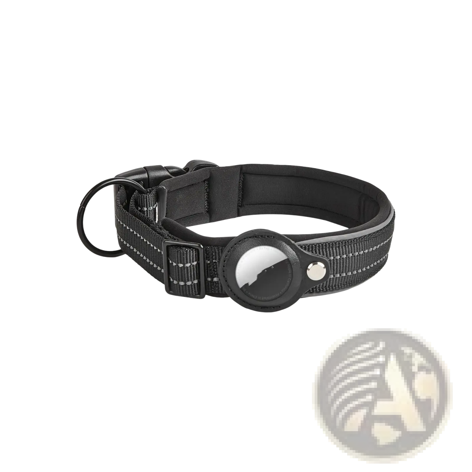 Black leather dog collar with reflective stripes and circular apple airtag tracker holder for secure pet tracking