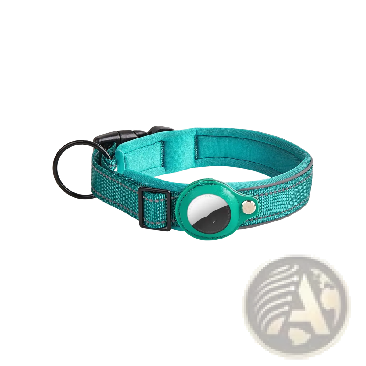 Teal woven nylon Apple Airtag dog collar with black plastic buckle and circular green tracker attachment
