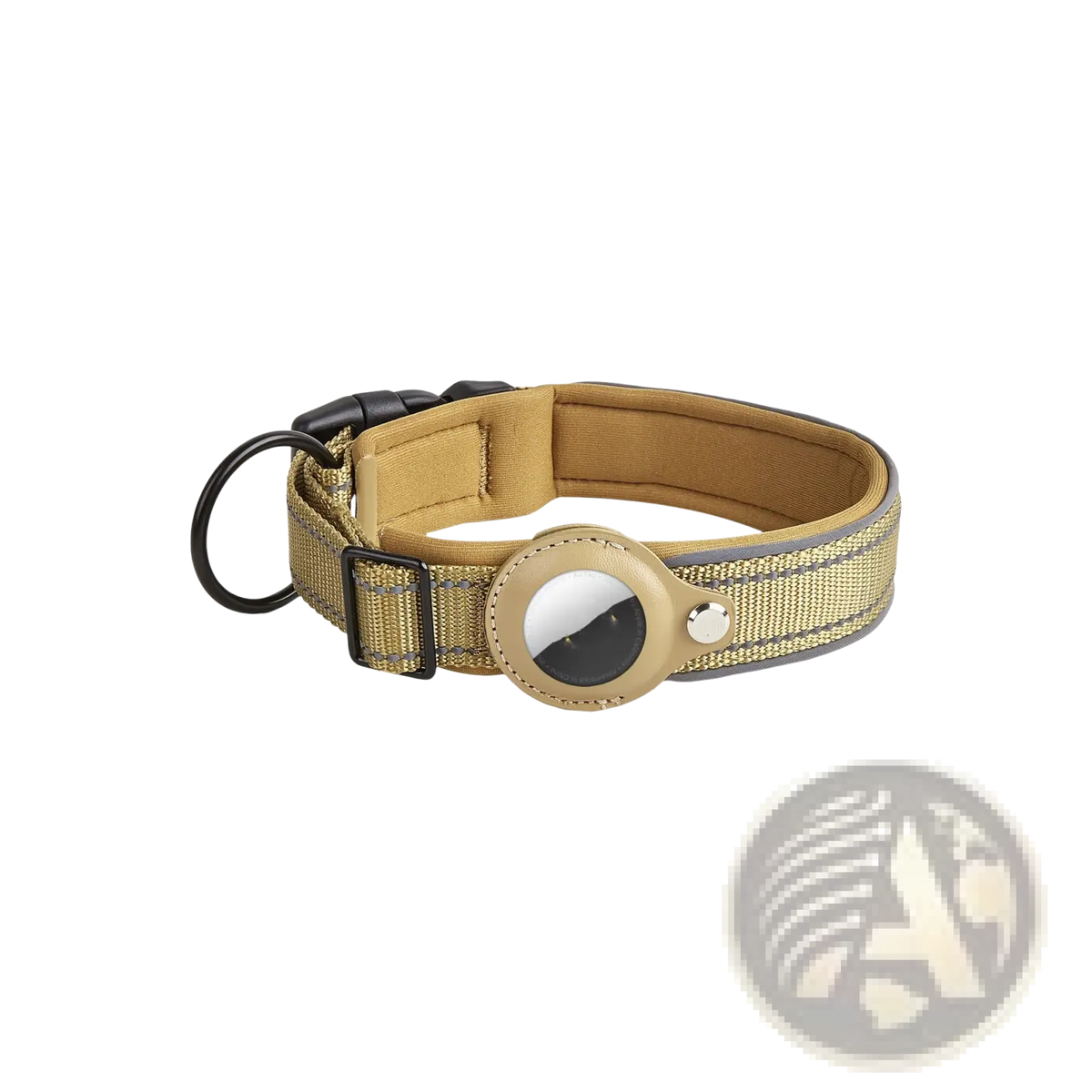 Tan tactical-style leather dog collar with metallic airtag tracker holder for secure pet tracking and identification