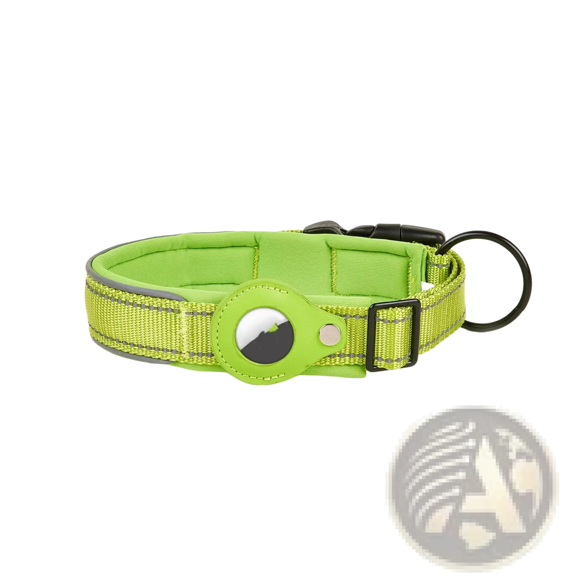 Bright lime green leather apple airtag dog collar with reflective surface and circular tracker attachment holder