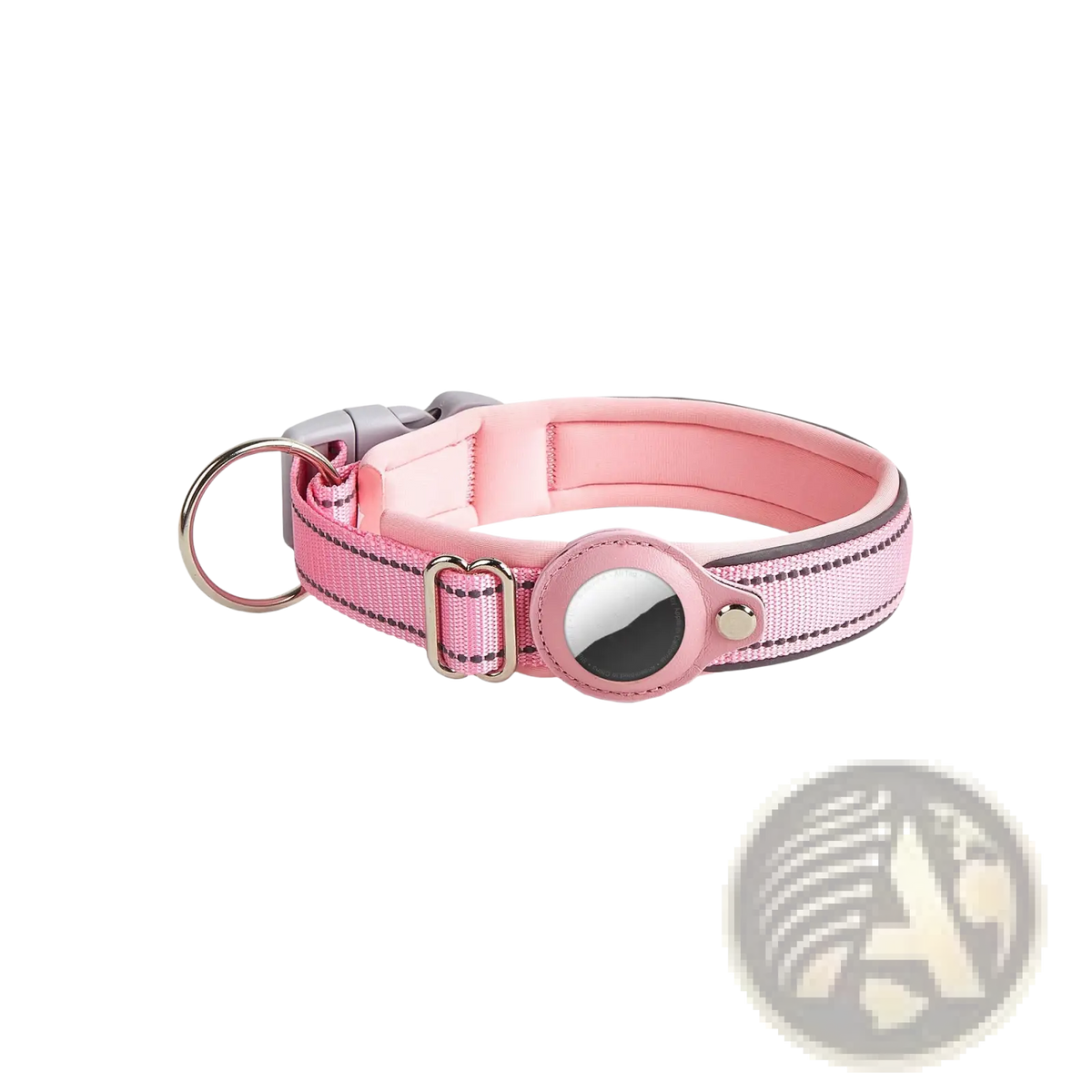 Pink woven leather dog collar with reflective stripes and integrated apple airtag tracker holder silver buckle and d-ring