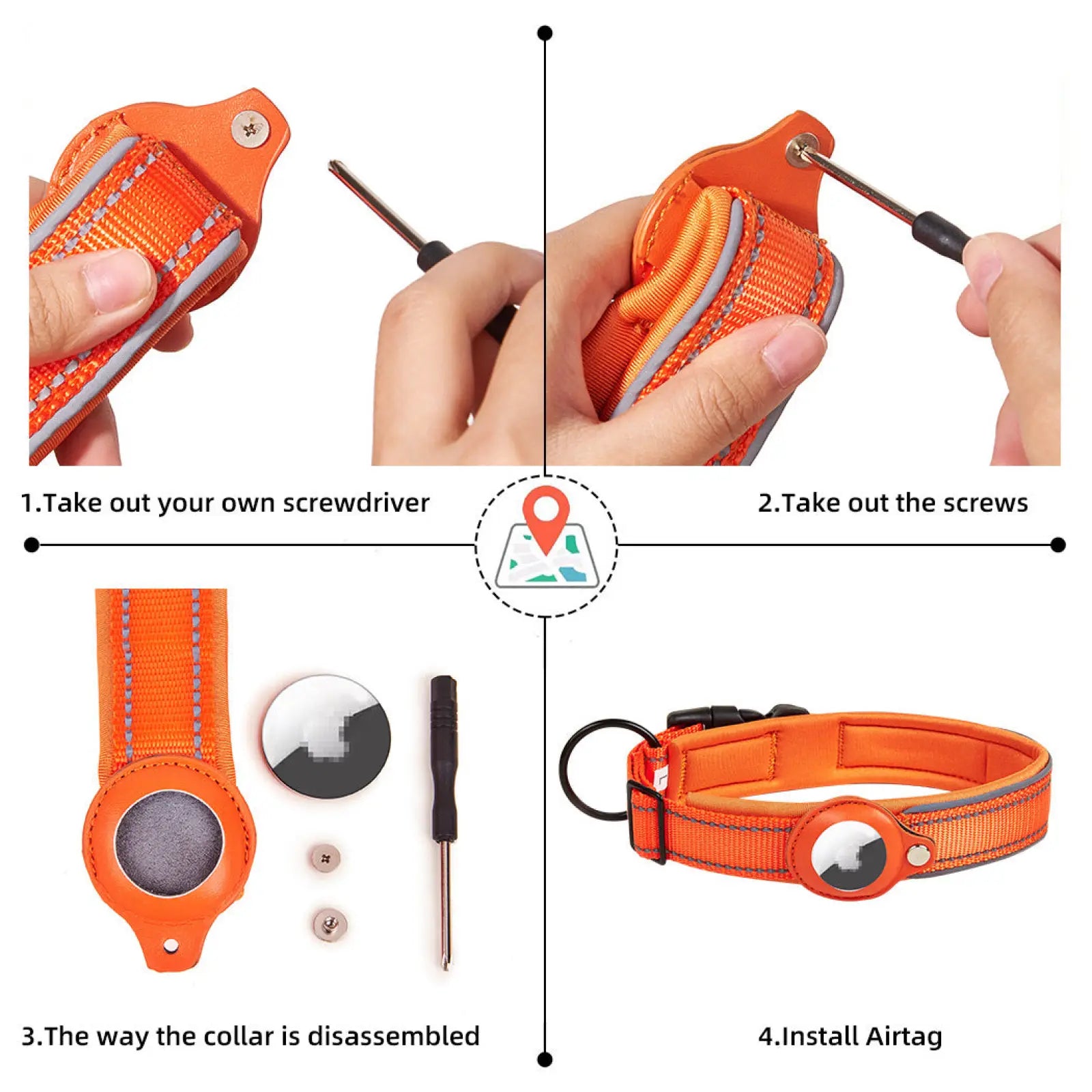 Bright orange nylon dog collar with reflective strip and airtag holder for Apple Airtag tracking