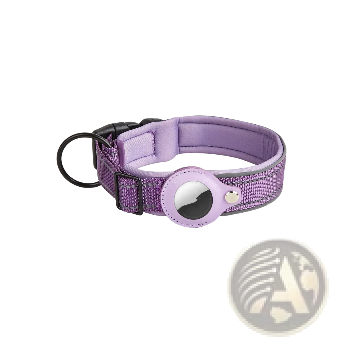 Purple woven nylon apple airtag leather dog collar with black metal buckle and lavender silicone tracker holder