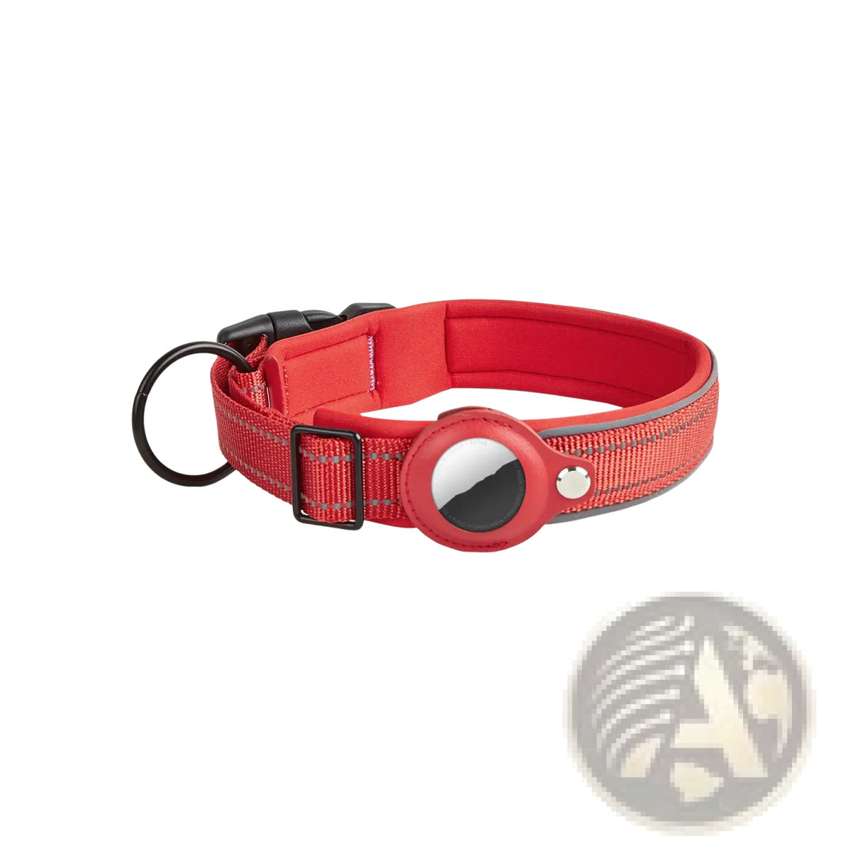 Red woven nylon dog collar with black buckle and circular red airtag tracker holder for apple airtag