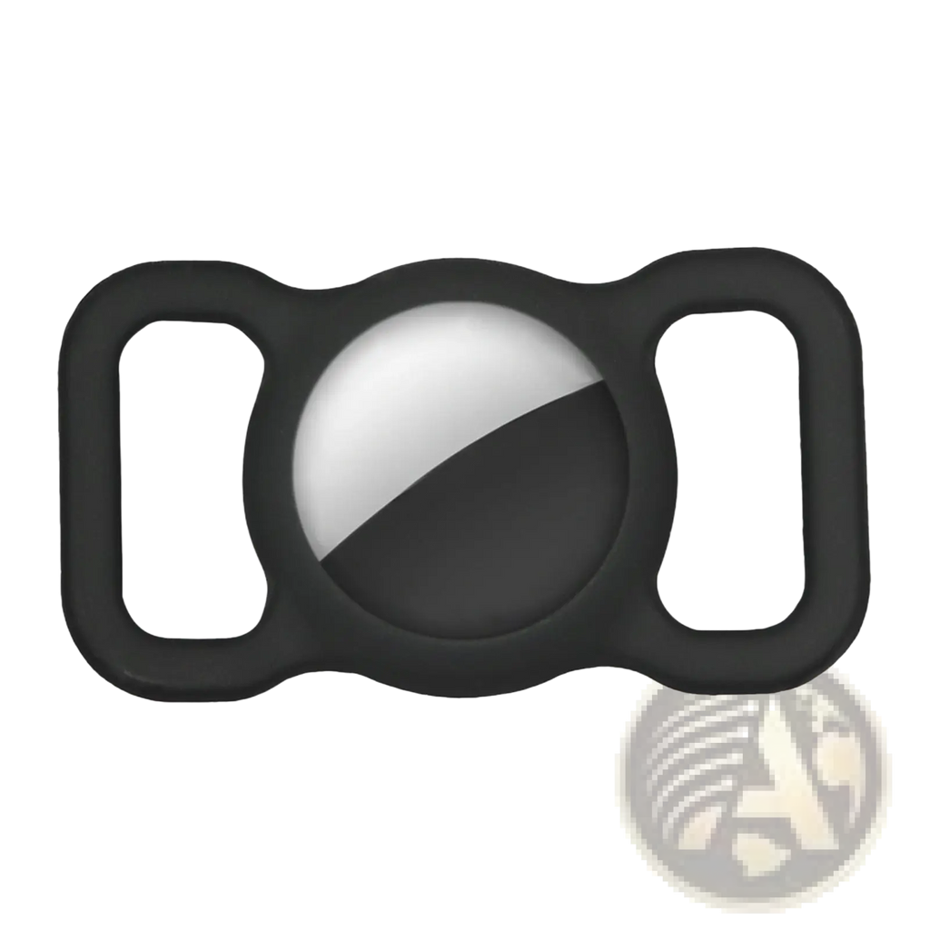 Black silicone strap buckle with silver and black two-tone circular center on Apple Airtag silicone pet tracker case
